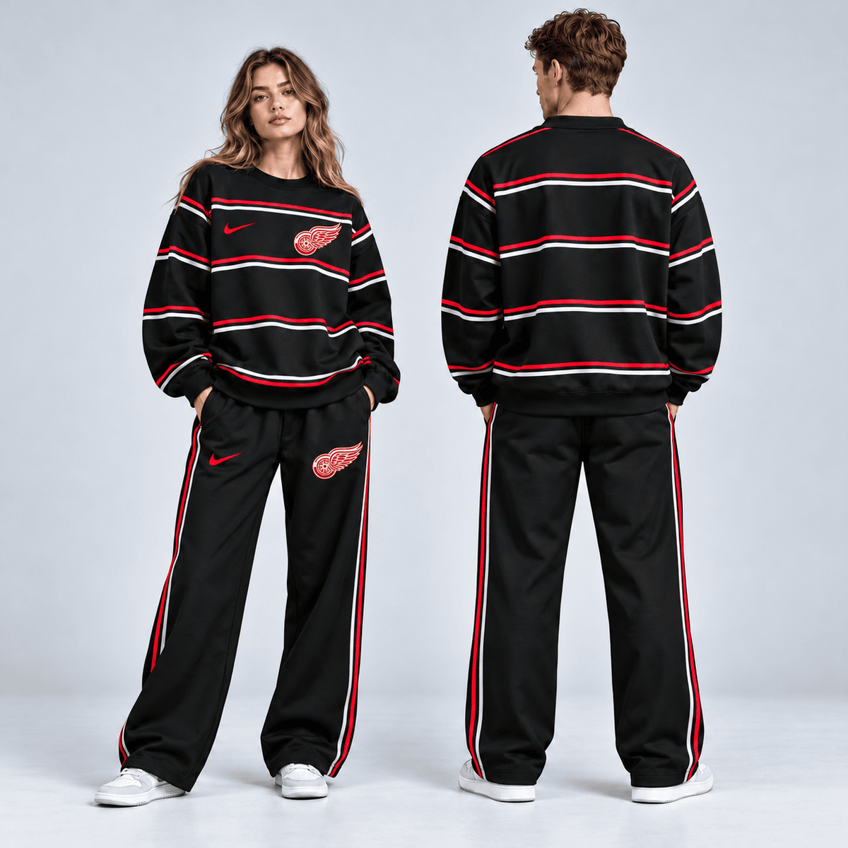 New Jersey Devils | Premium NHL Classic Horizontal Stripe Crewneck Sweatshirt and Matching Wide Leg Sweatpants Set NDN cover