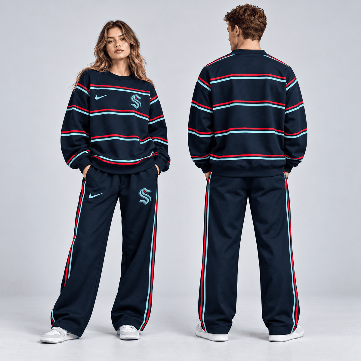 Seattle Kraken | Premium NHL Classic Horizontal Stripe Crewneck Sweatshirt and Matching Wide Leg Sweatpants Set NDN cover