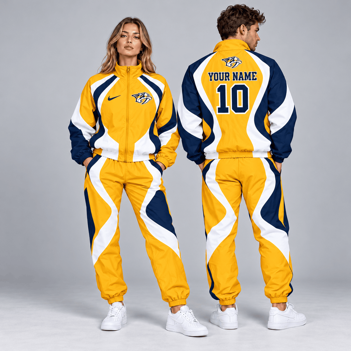 Nashville Predators | Premium NHL Dynamic S-Curve Colorblock Full Zip Track Jacket and Matching Jogger Pants Set with Custom Name and Number NDN cover