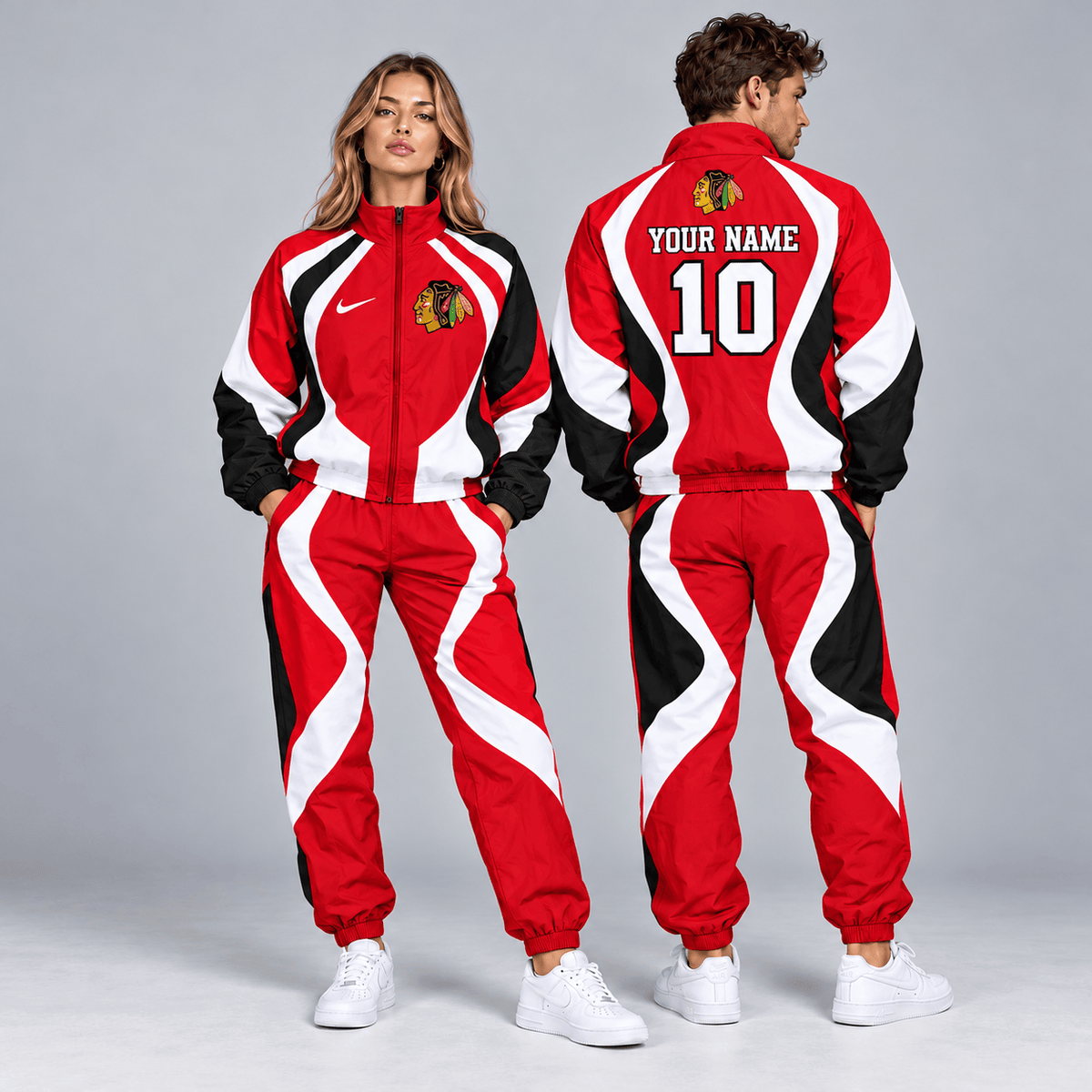 Chicago Blackhawks | Premium NHL Dynamic S-Curve Colorblock Full Zip Track Jacket and Matching Jogger Pants Set with Custom Name and Number NDN cover
