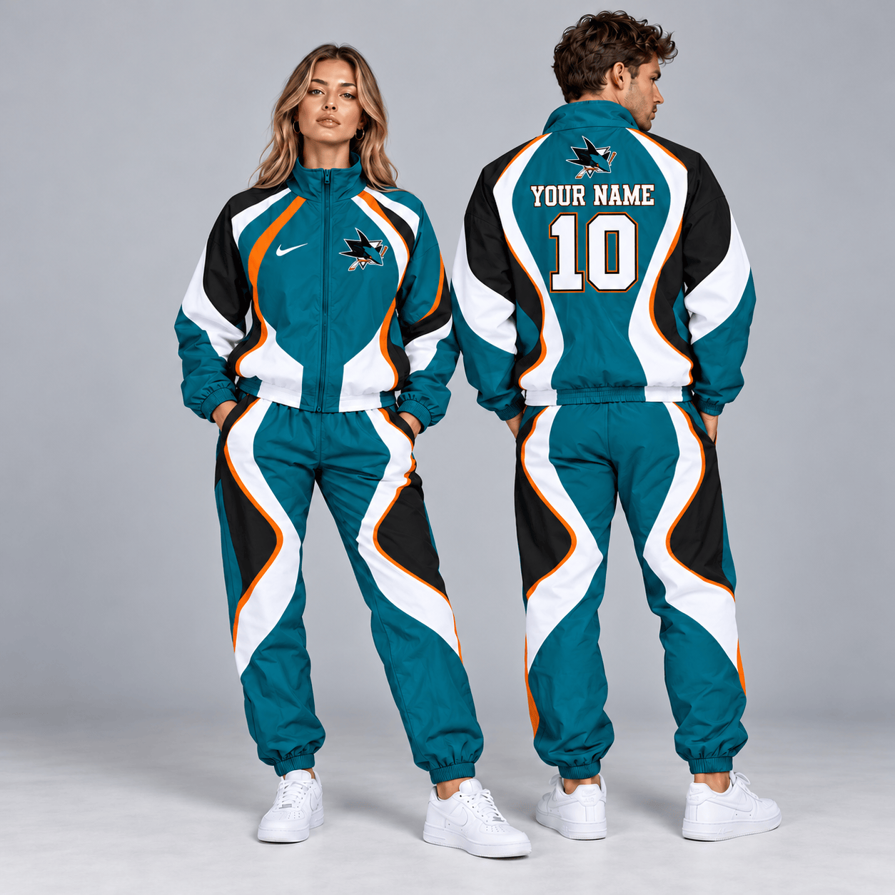 San Jose Sharks | Premium NHL Dynamic S-Curve Colorblock Full Zip Track Jacket and Matching Jogger Pants Set with Custom Name and Number NDN cover