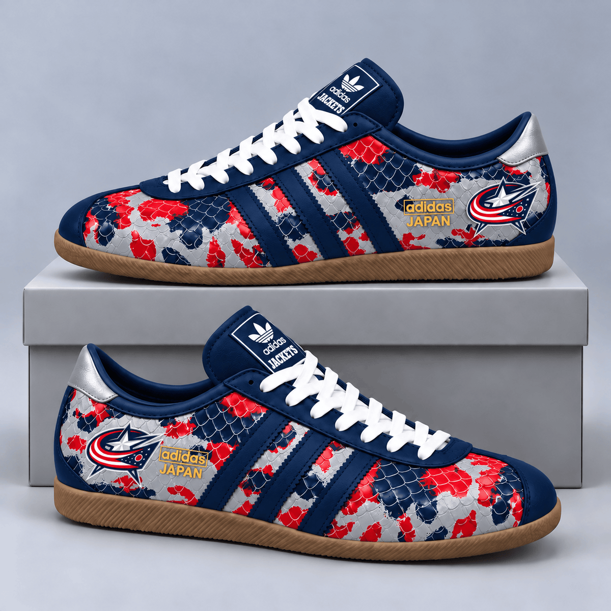 Columbus Blue Jackets | Premium NHL Lightning Japan Low Top Sneakers with Ice Camo Pattern and Classic Gum Sole NDN cover