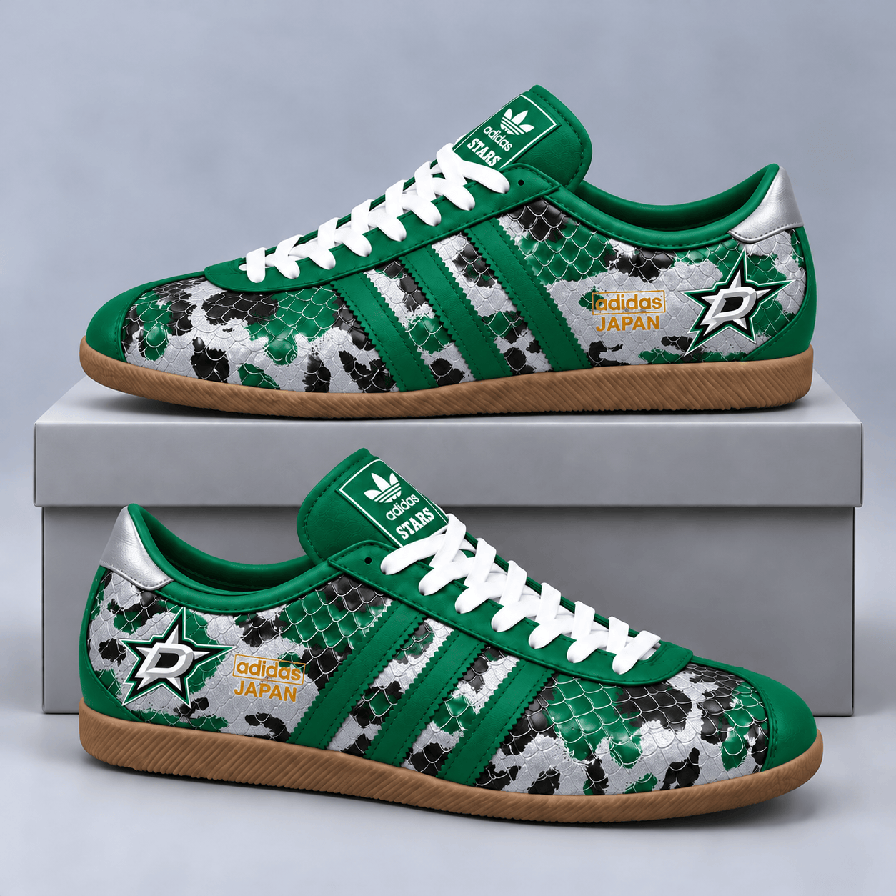 Dallas Stars | Premium NHL Lightning Japan Low Top Sneakers with Ice Camo Pattern and Classic Gum Sole NDN cover