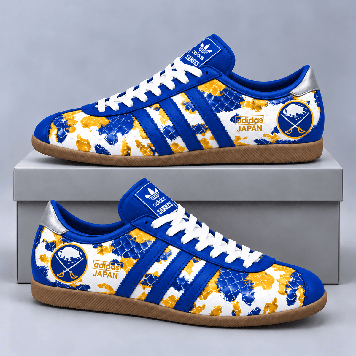 Buffalo Sabres | Premium NHL Lightning Japan Low Top Sneakers with Ice Camo Pattern and Classic Gum Sole NDN cover