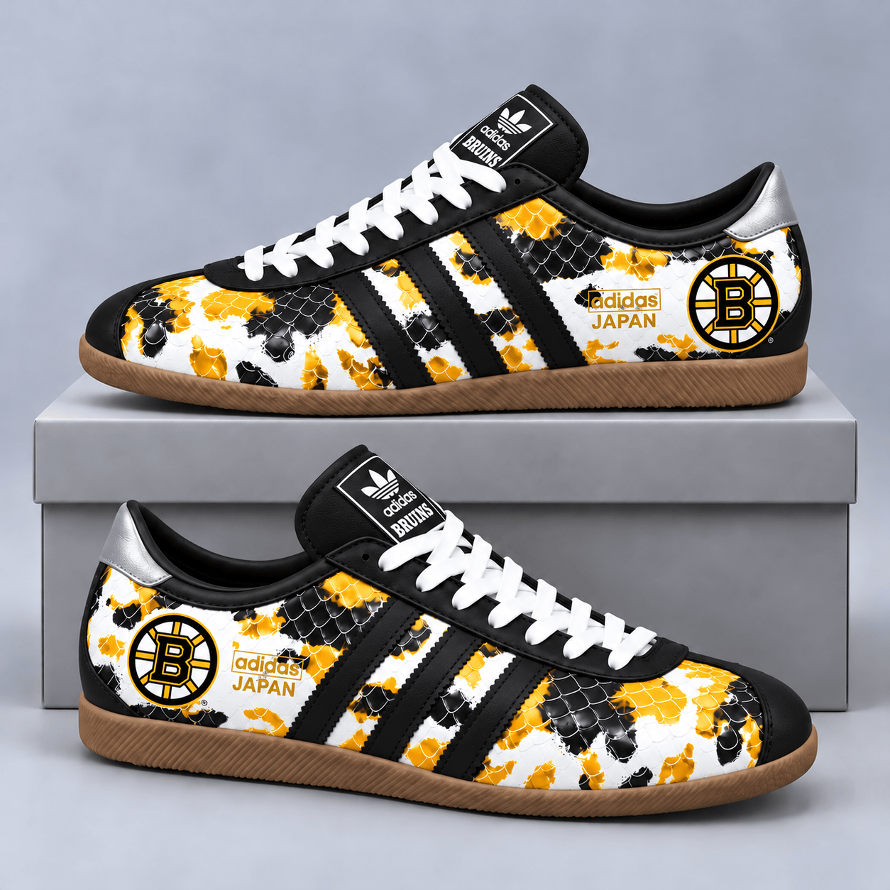 Boston Bruins | Premium NHL Lightning Japan Low Top Sneakers with Ice Camo Pattern and Classic Gum Sole NDN cover