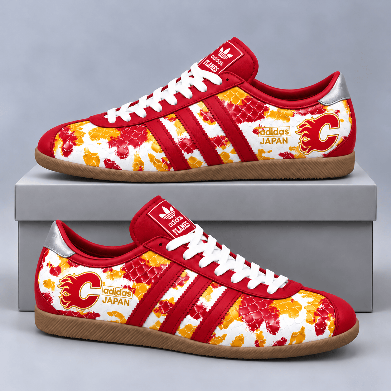 Calgary Flames | Premium NHL Lightning Japan Low Top Sneakers with Ice Camo Pattern and Classic Gum Sole NDN cover