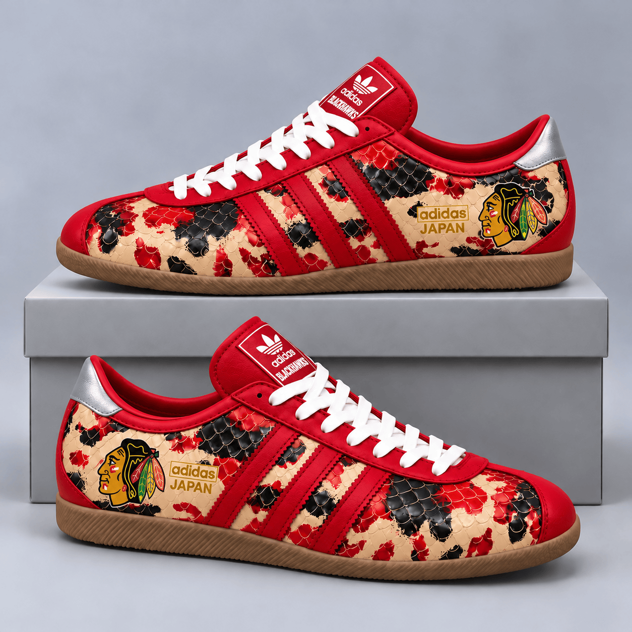 Chicago Blackhawks | Premium NHL Lightning Japan Low Top Sneakers with Ice Camo Pattern and Classic Gum Sole NDN cover