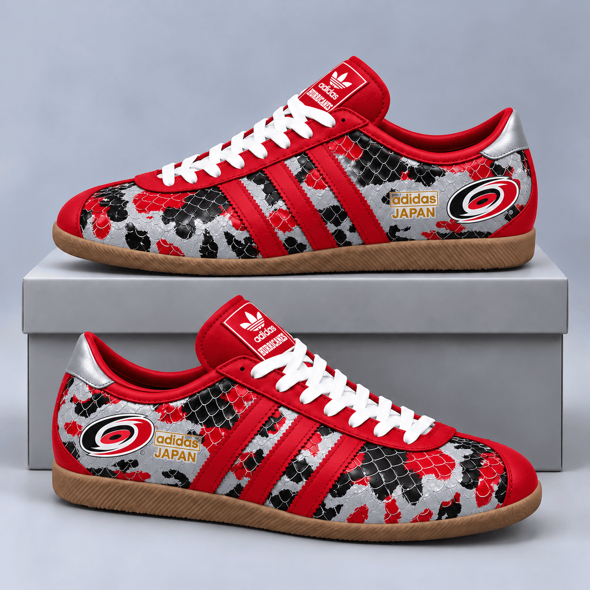 Carolina Hurricanes | Premium NHL Lightning Japan Low Top Sneakers with Ice Camo Pattern and Classic Gum Sole NDN cover