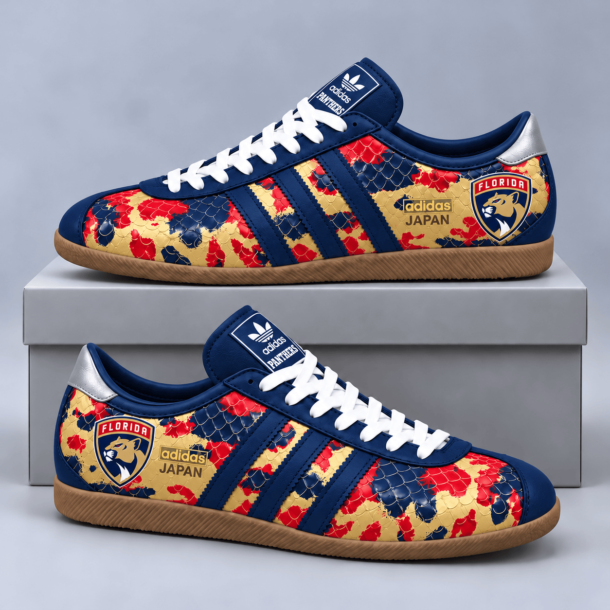 Florida Panthers | Premium NHL Lightning Japan Low Top Sneakers with Ice Camo Pattern and Classic Gum Sole NDN cover