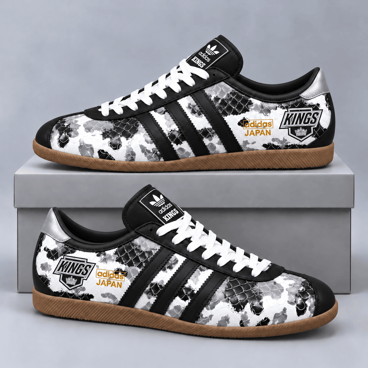 Los Angeles Kings | Premium NHL Lightning Japan Low Top Sneakers with Ice Camo Pattern and Classic Gum Sole NDN cover