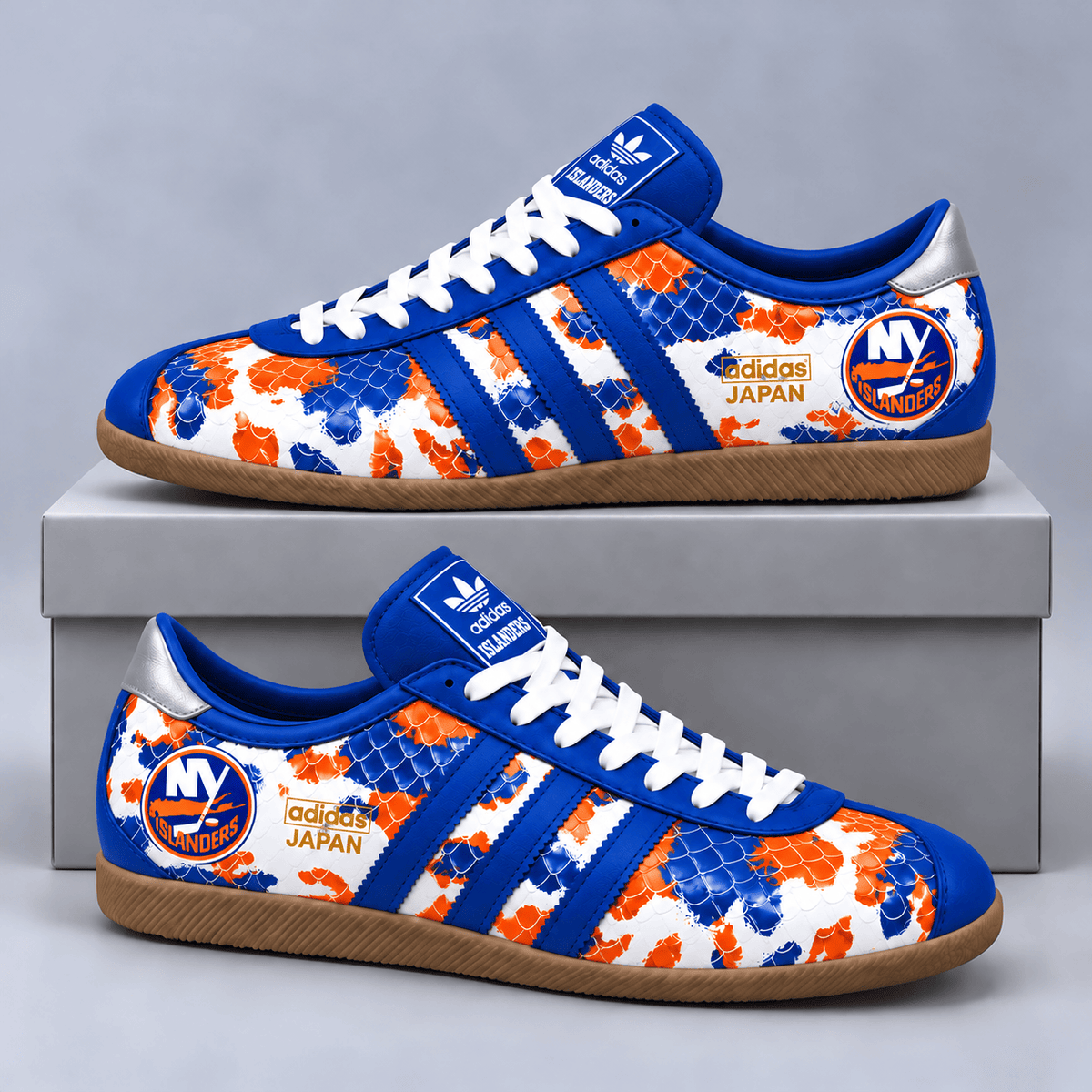 New York Islanders | Premium NHL Lightning Japan Low Top Sneakers with Ice Camo Pattern and Classic Gum Sole NDN cover