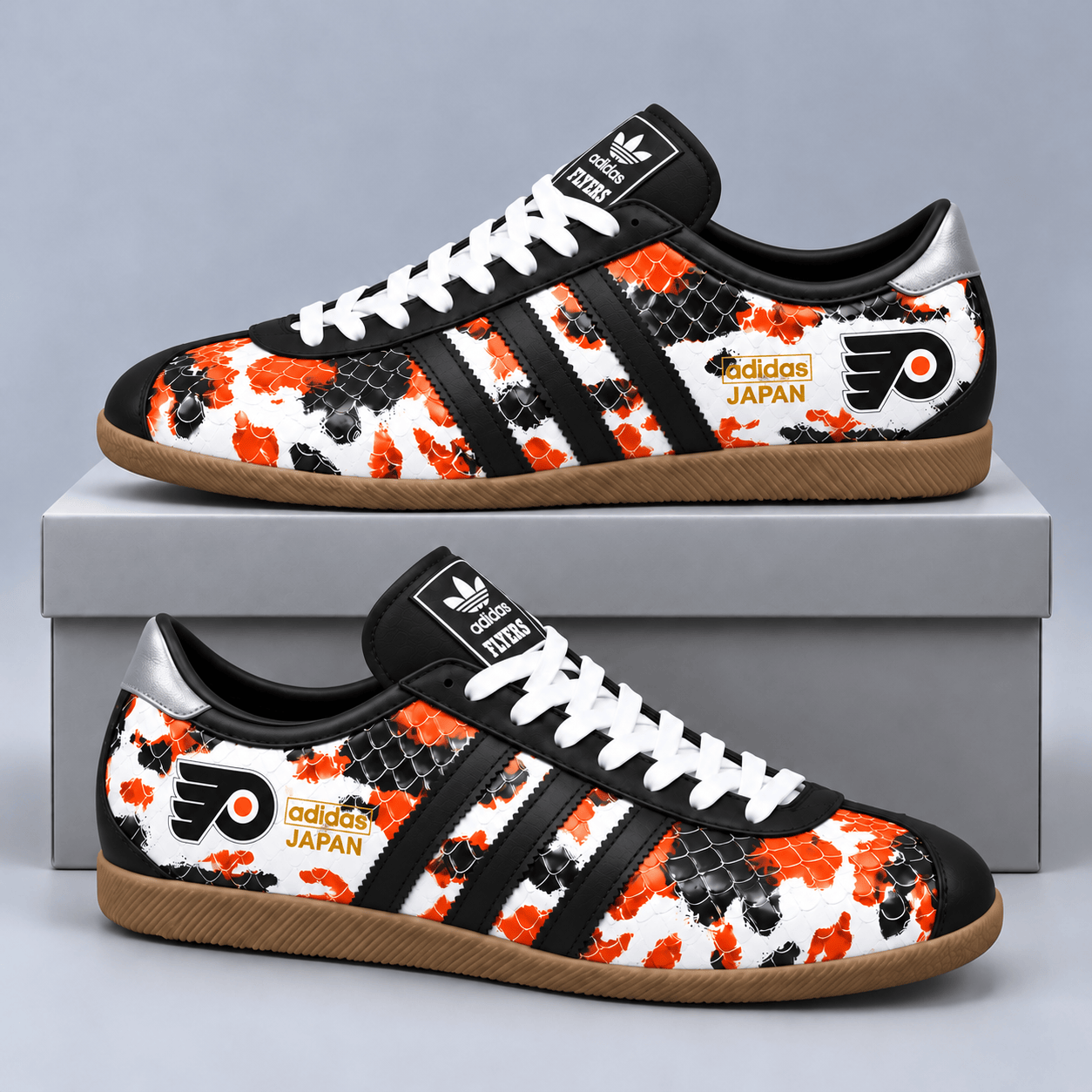 Philadelphia Flyers | Premium NHL Lightning Japan Low Top Sneakers with Ice Camo Pattern and Classic Gum Sole NDN cover