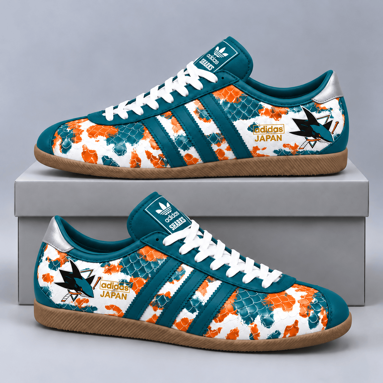 San Jose Sharks | Premium NHL Lightning Japan Low Top Sneakers with Ice Camo Pattern and Classic Gum Sole NDN cover