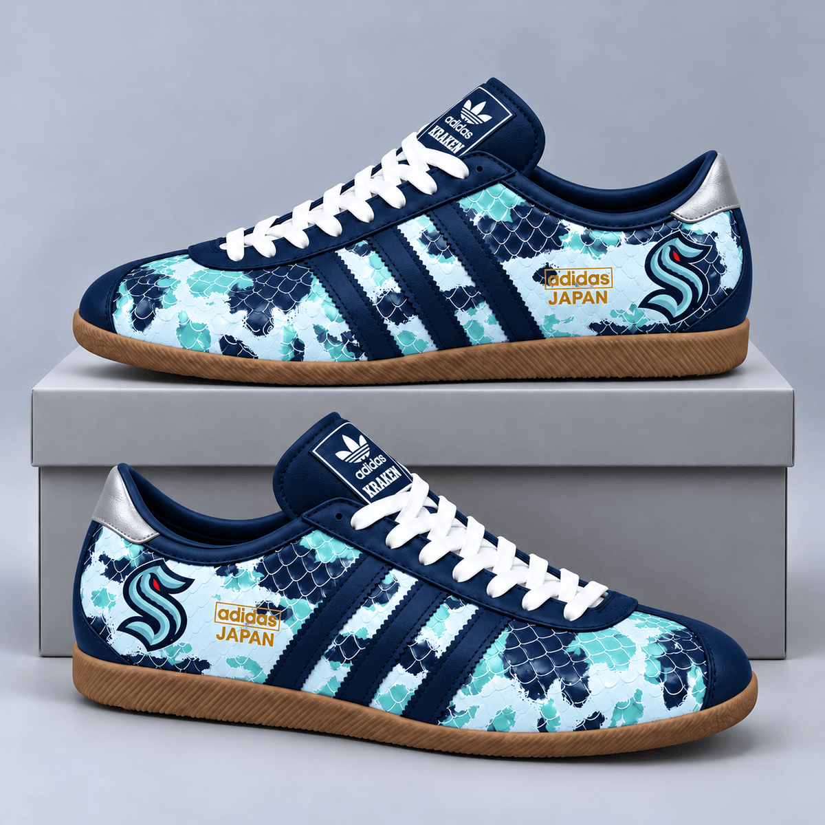 Seattle Kraken | Premium NHL Lightning Japan Low Top Sneakers with Ice Camo Pattern and Classic Gum Sole NDN cover
