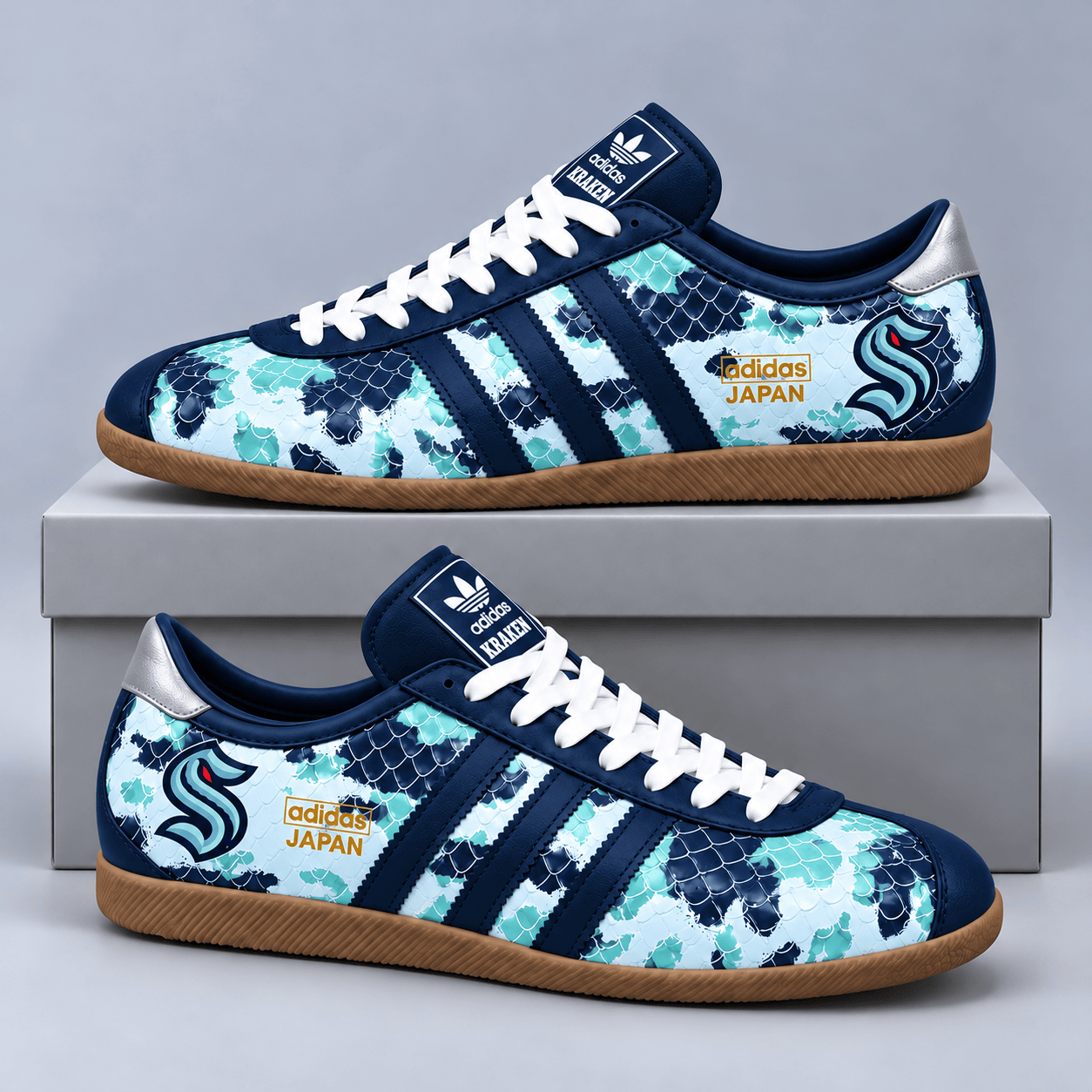 Seattle Kraken | Premium NHL Lightning Japan Low Top Sneakers with Ice Camo Pattern and Classic Gum Sole NDN cover