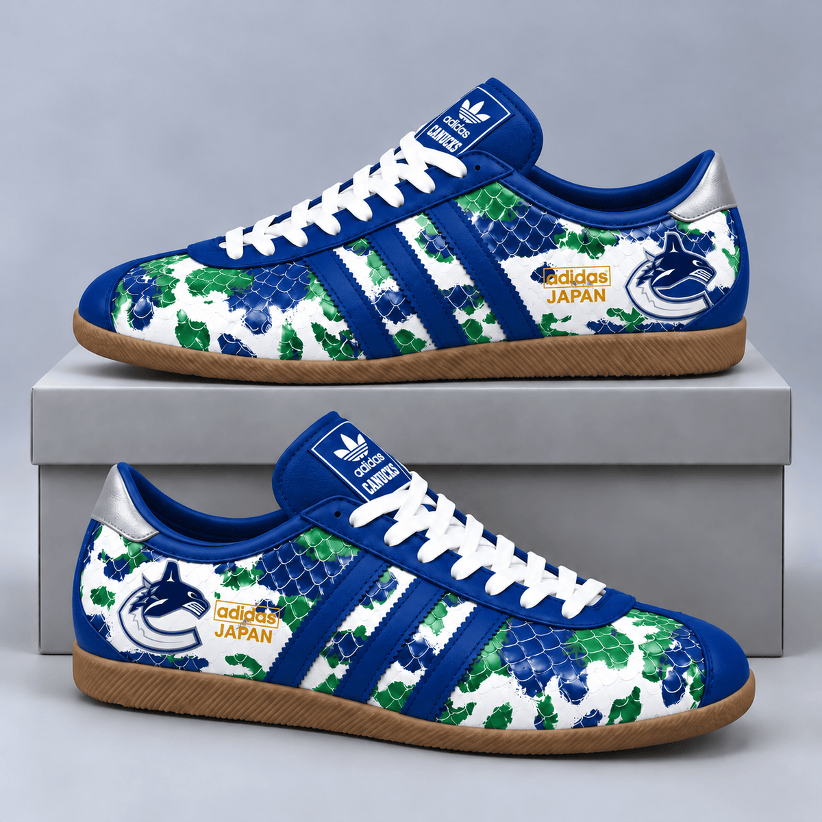 Vancouver Canucks | Premium NHL Lightning Japan Low Top Sneakers with Ice Camo Pattern and Classic Gum Sole NDN cover