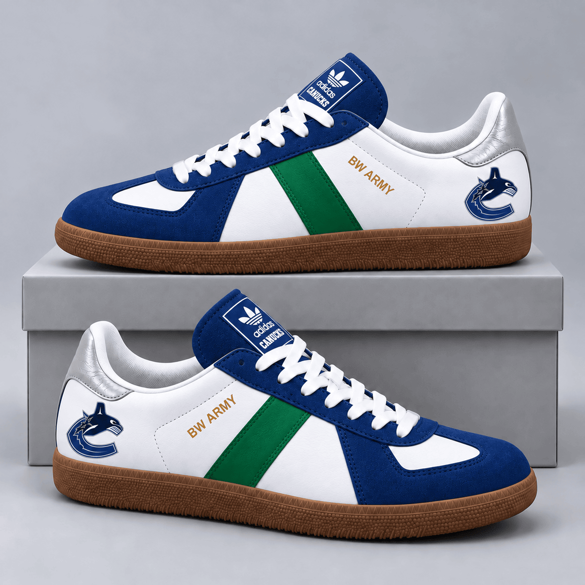 Vancouver Canucks | Premium NHL BW Army Retro Low Top Sneakers with Classic Colorblock Design and Gum Sole NDN cover