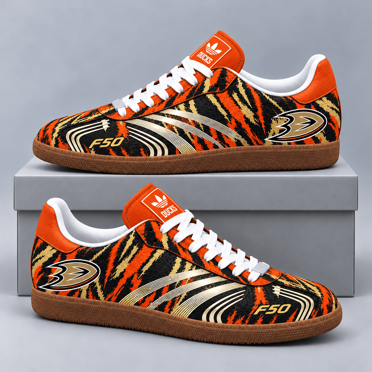 Anaheim Ducks | Premium NHL F50 Tiger Print Low Top Sneakers with Fierce Striped Design and Classic Gum Sole NDN cover