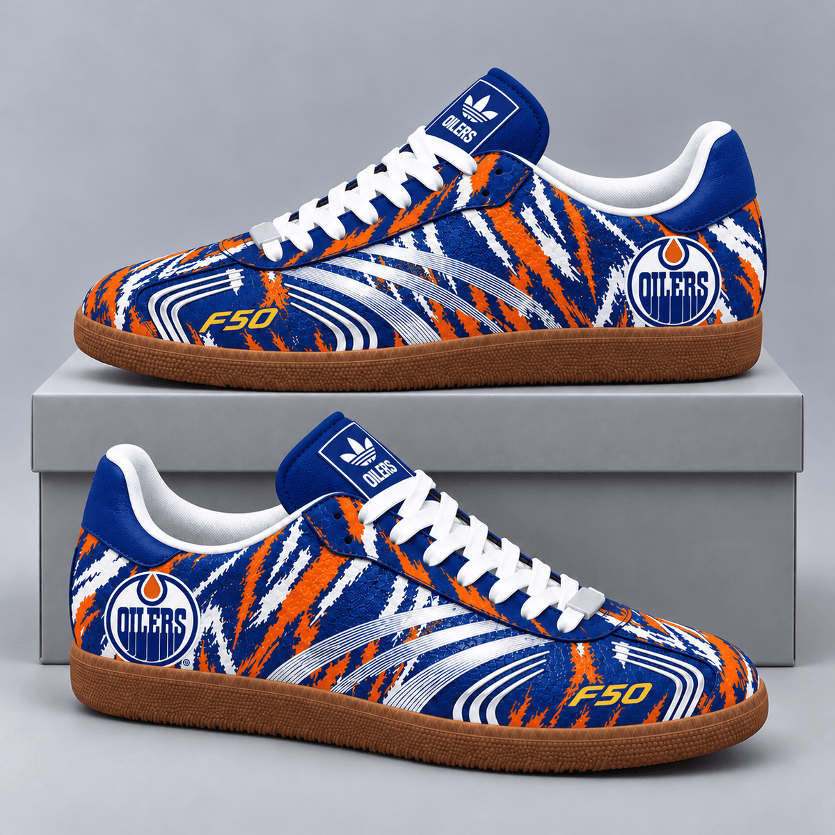 Edmonton Oilers | Premium NHL F50 Tiger Print Low Top Sneakers with Fierce Striped Design and Classic Gum Sole NDN cover