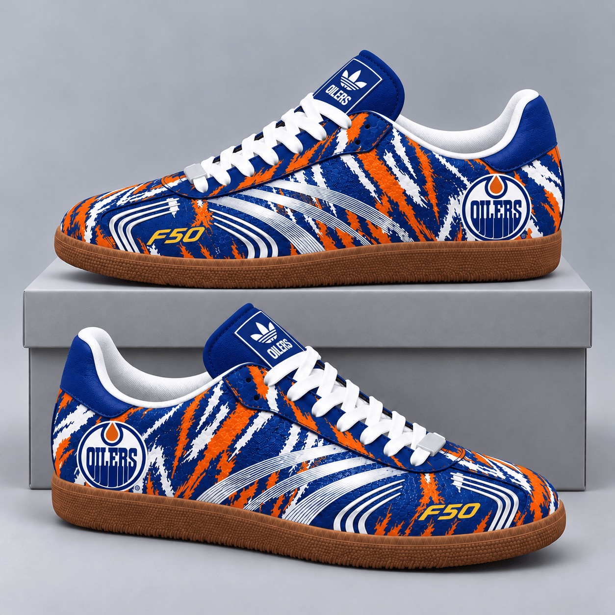 Edmonton Oilers | Premium NHL F50 Tiger Print Low Top Sneakers with Fierce Striped Design and Classic Gum Sole NDN cover