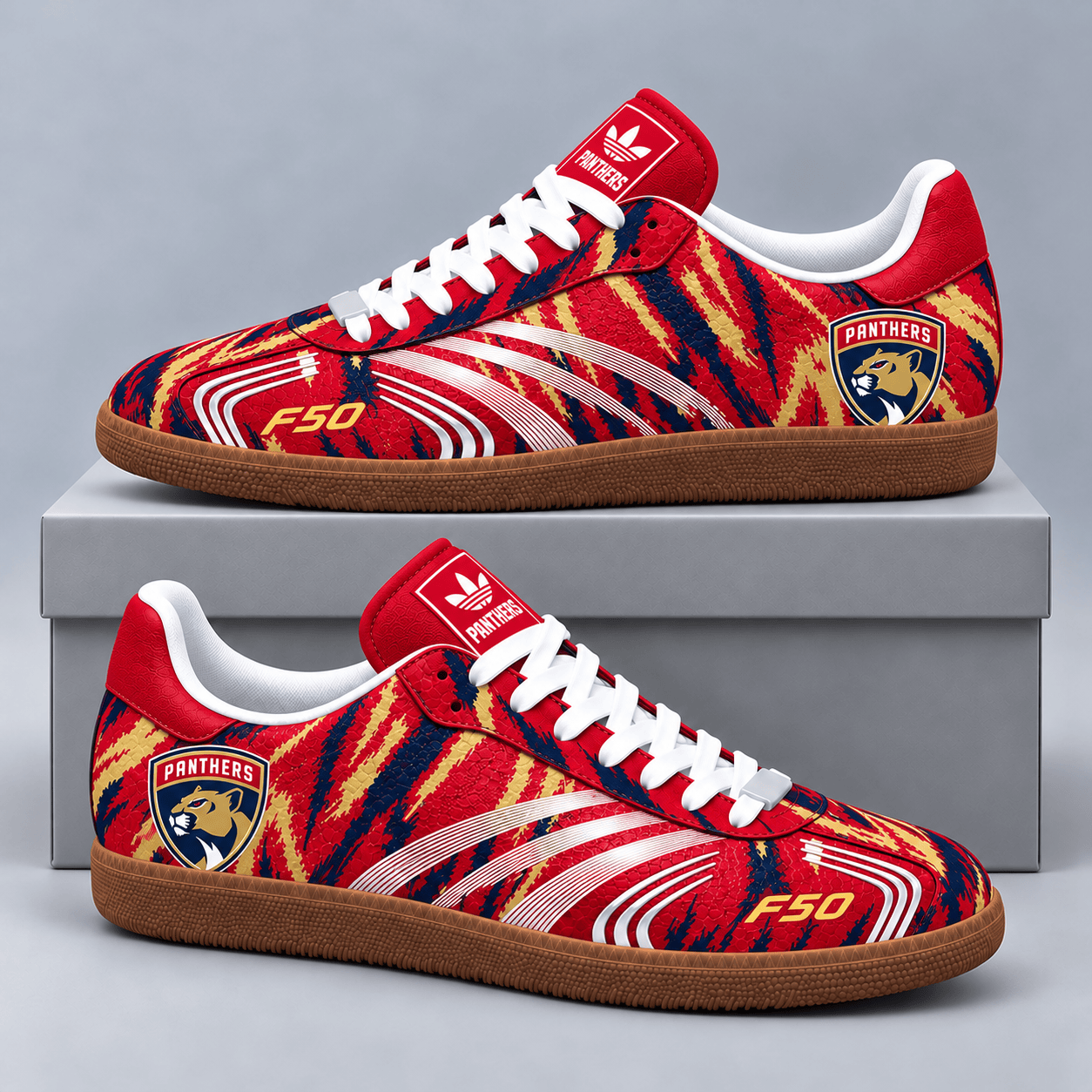 Florida Panthers | Premium NHL F50 Tiger Print Low Top Sneakers with Fierce Striped Design and Classic Gum Sole NDN cover