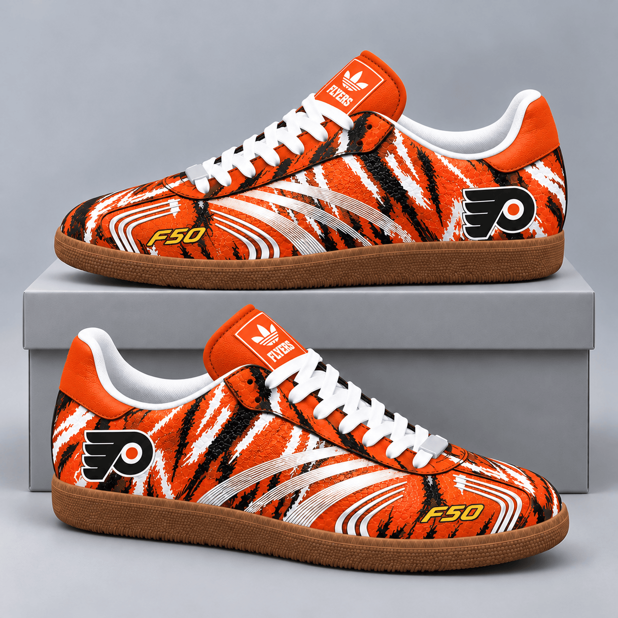Philadelphia Flyers | Premium NHL F50 Tiger Print Low Top Sneakers with Fierce Striped Design and Classic Gum Sole NDN cover