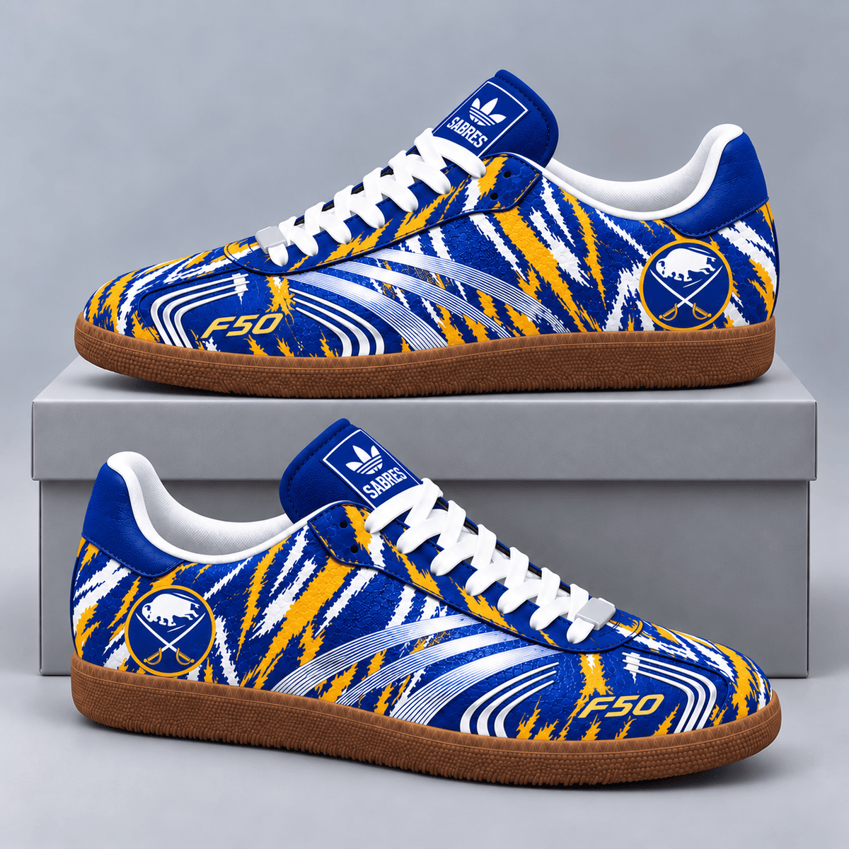 Buffalo Sabres | Premium NHL F50 Tiger Print Low Top Sneakers with Fierce Striped Design and Classic Gum Sole NDN cover