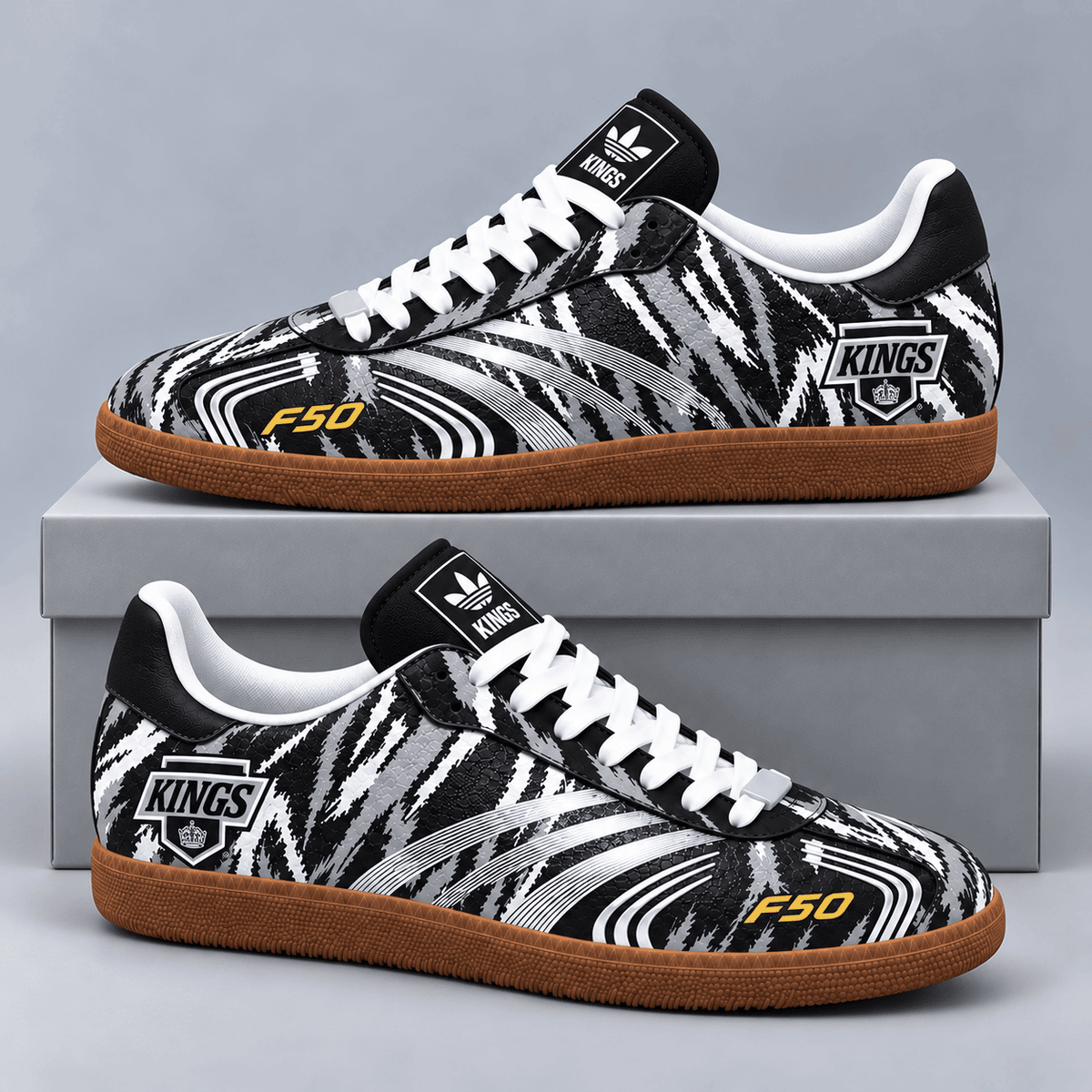 Los Angeles Kings | Premium NHL F50 Tiger Print Low Top Sneakers with Fierce Striped Design and Classic Gum Sole NDN cover