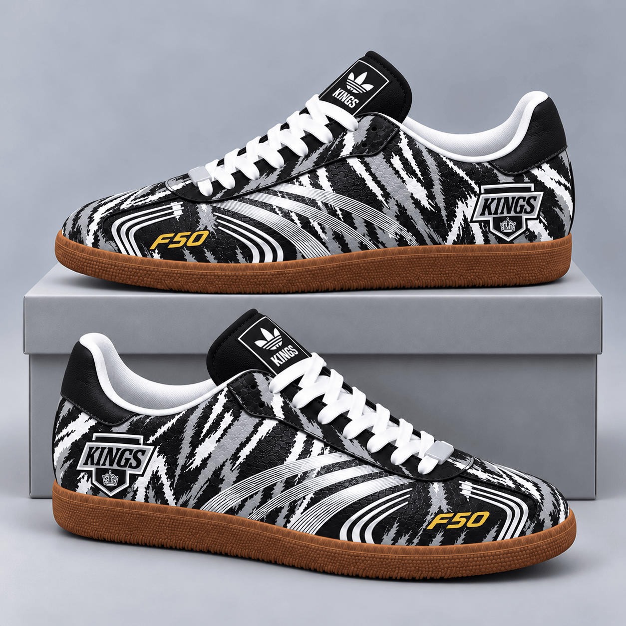 Los Angeles Kings | Premium NHL F50 Tiger Print Low Top Sneakers with Fierce Striped Design and Classic Gum Sole NDN cover