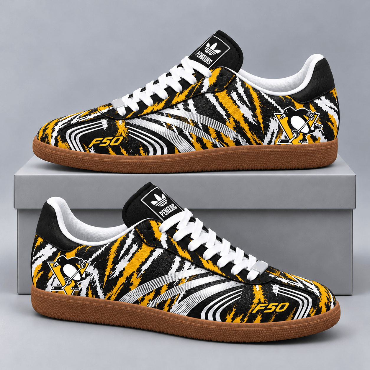 Pittsburgh Penguins | Premium NHL F50 Tiger Print Low Top Sneakers with Fierce Striped Design and Classic Gum Sole NDN cover