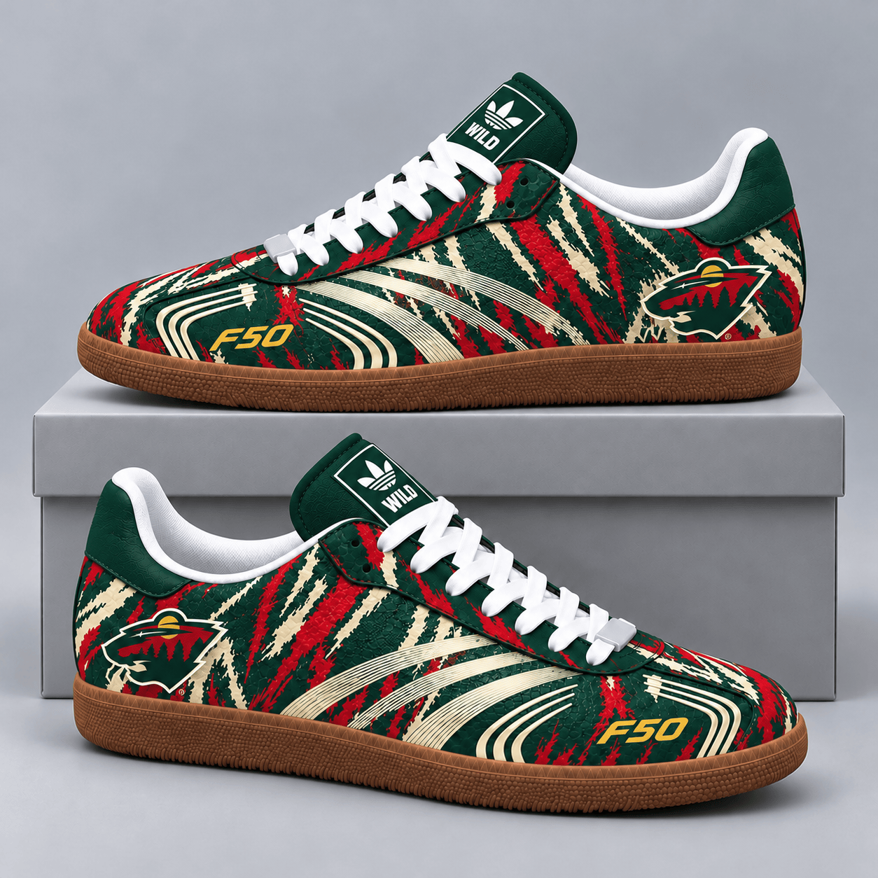 Minnesota Wild | Premium NHL F50 Tiger Print Low Top Sneakers with Fierce Striped Design and Classic Gum Sole NDN cover