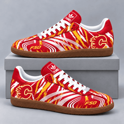 Calgary Flames | Premium NHL F50 Tiger Print Low Top Sneakers with Fierce Striped Design and Classic Gum Sole NDN cover