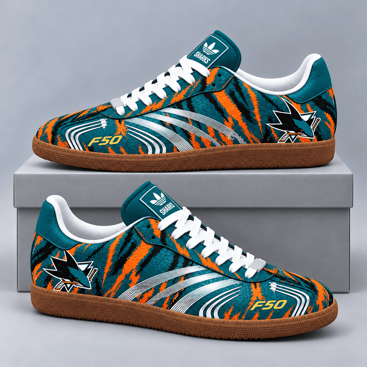 San Jose Sharks | Premium NHL F50 Tiger Print Low Top Sneakers with Fierce Striped Design and Classic Gum Sole NDN cover