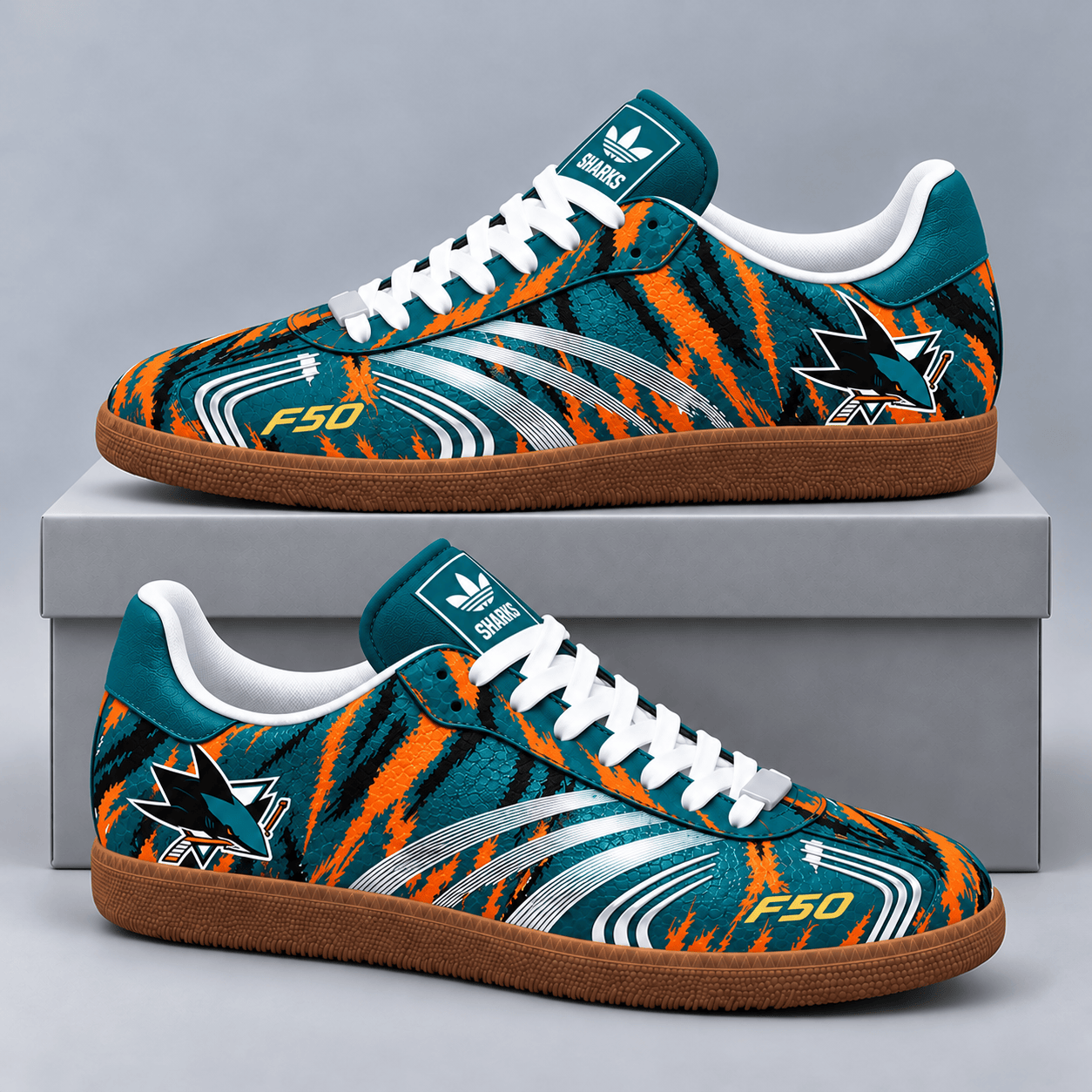 San Jose Sharks | Premium NHL F50 Tiger Print Low Top Sneakers with Fierce Striped Design and Classic Gum Sole NDN cover