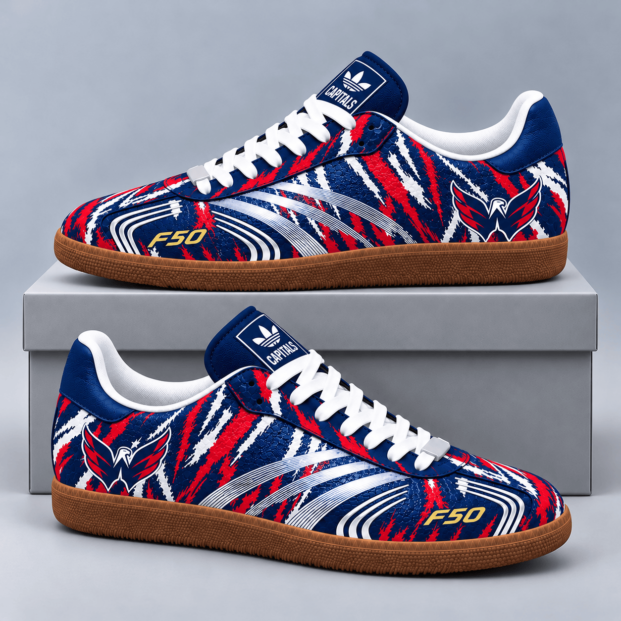 Washington Capitals | Premium NHL F50 Tiger Print Low Top Sneakers with Fierce Striped Design and Classic Gum Sole NDN cover