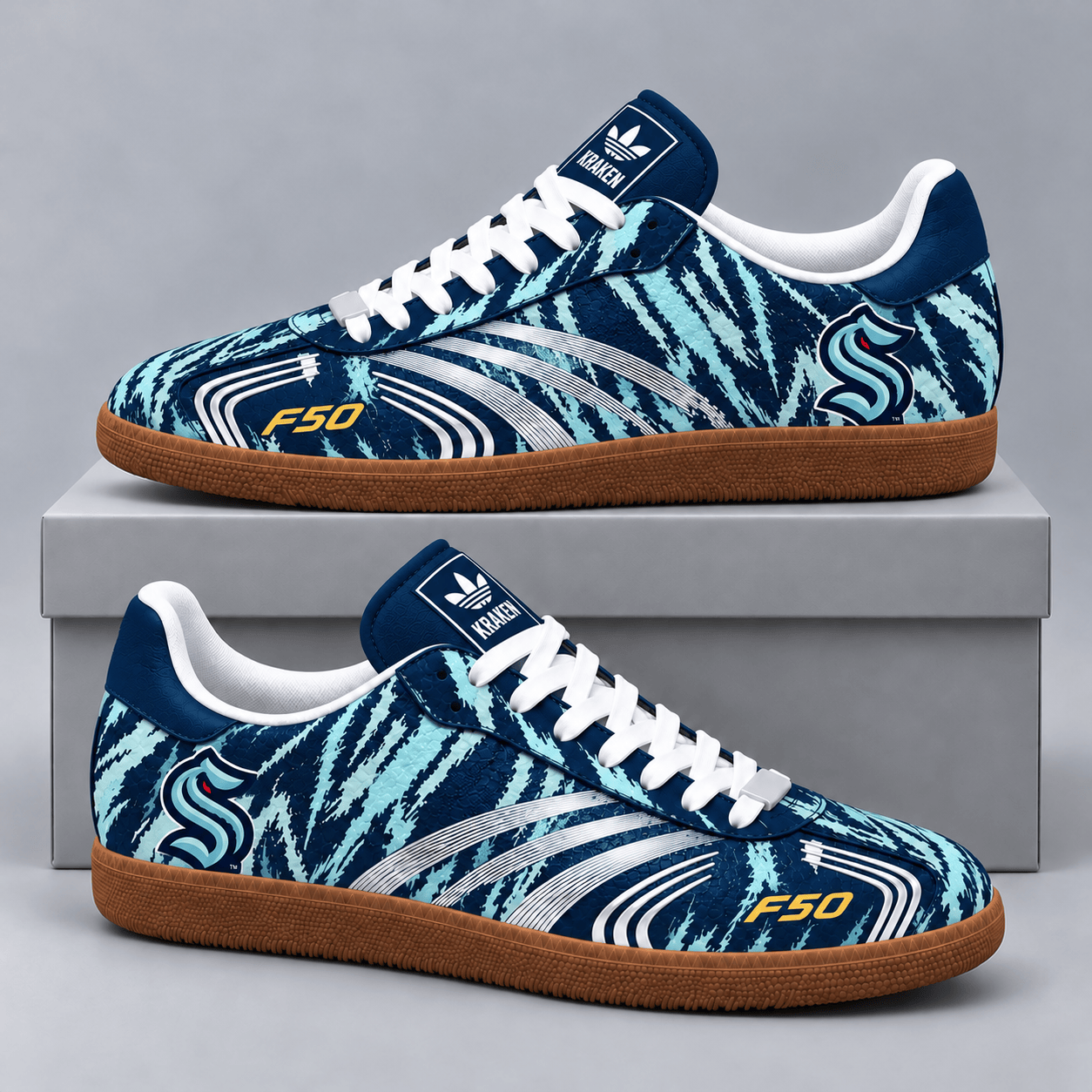 Seattle Kraken | Premium NHL F50 Tiger Print Low Top Sneakers with Fierce Striped Design and Classic Gum Sole NDN cover
