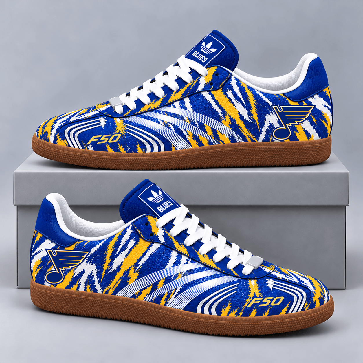 St. Louis Blues | Premium NHL F50 Tiger Print Low Top Sneakers with Fierce Striped Design and Classic Gum Sole NDN cover