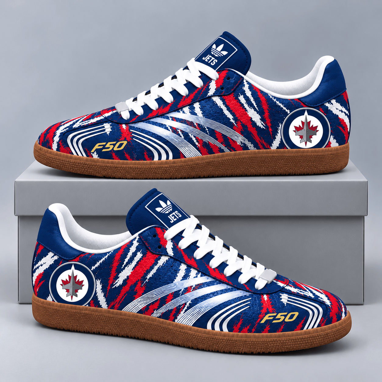 Winnipeg Jets | Premium NHL F50 Tiger Print Low Top Sneakers with Fierce Striped Design and Classic Gum Sole NDN cover