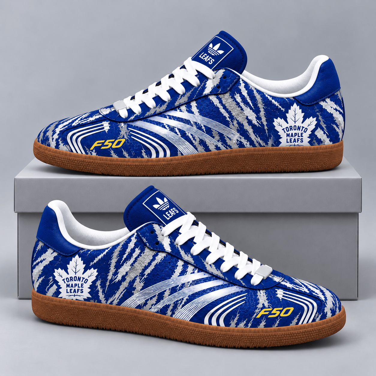 Toronto Maple Leafs | Premium NHL F50 Tiger Print Low Top Sneakers with Fierce Striped Design and Classic Gum Sole NDN cover