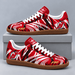 New Jersey Devils | Premium NHL F50 Tiger Print Low Top Sneakers with Fierce Striped Design and Classic Gum Sole NDN cover