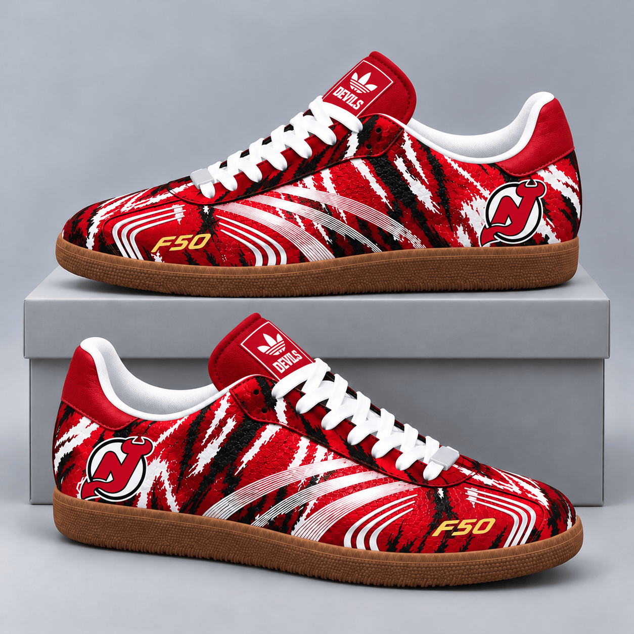 New Jersey Devils | Premium NHL F50 Tiger Print Low Top Sneakers with Fierce Striped Design and Classic Gum Sole NDN cover