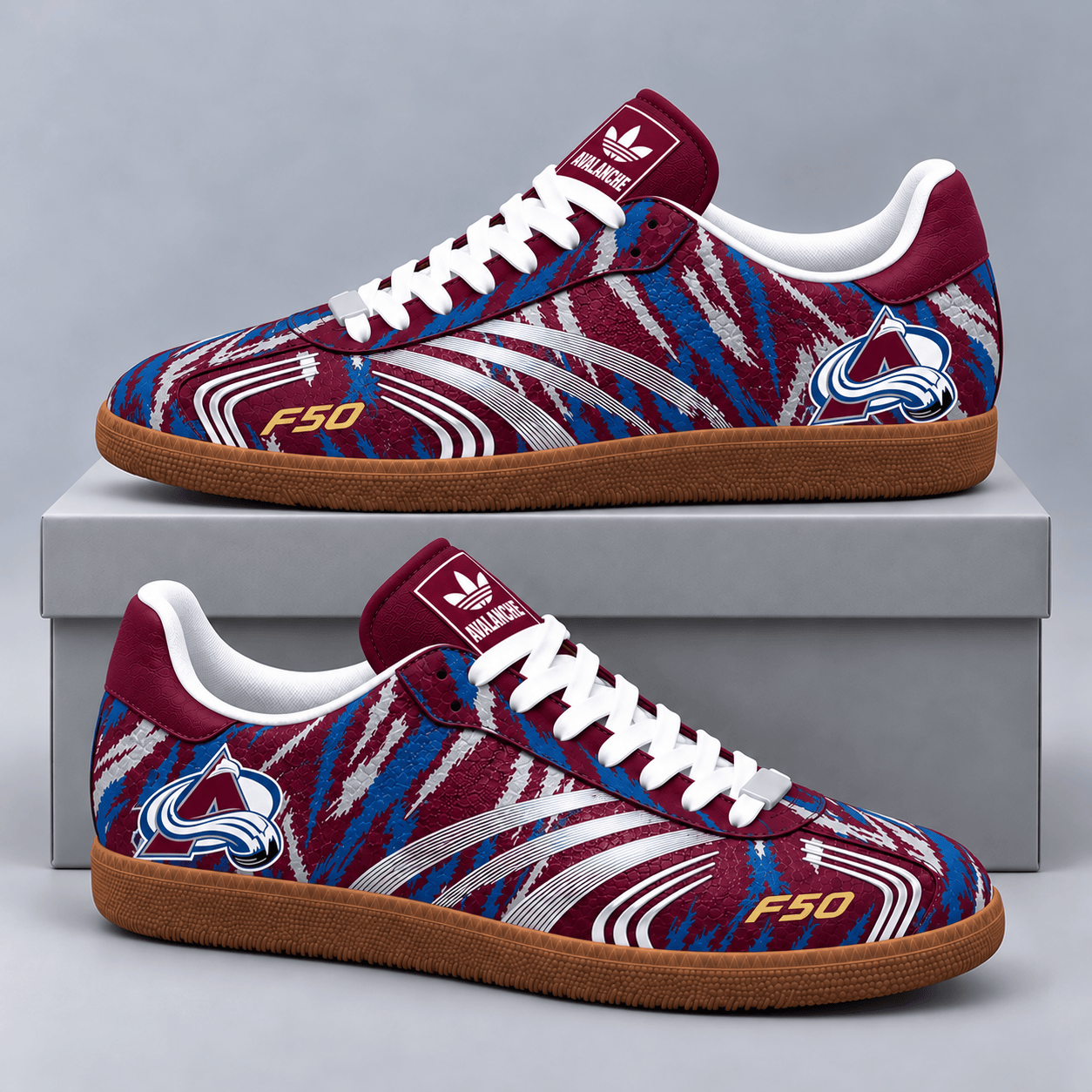 Colorado Avalanche | Premium NHL F50 Tiger Print Low Top Sneakers with Fierce Striped Design and Classic Gum Sole NDN cover