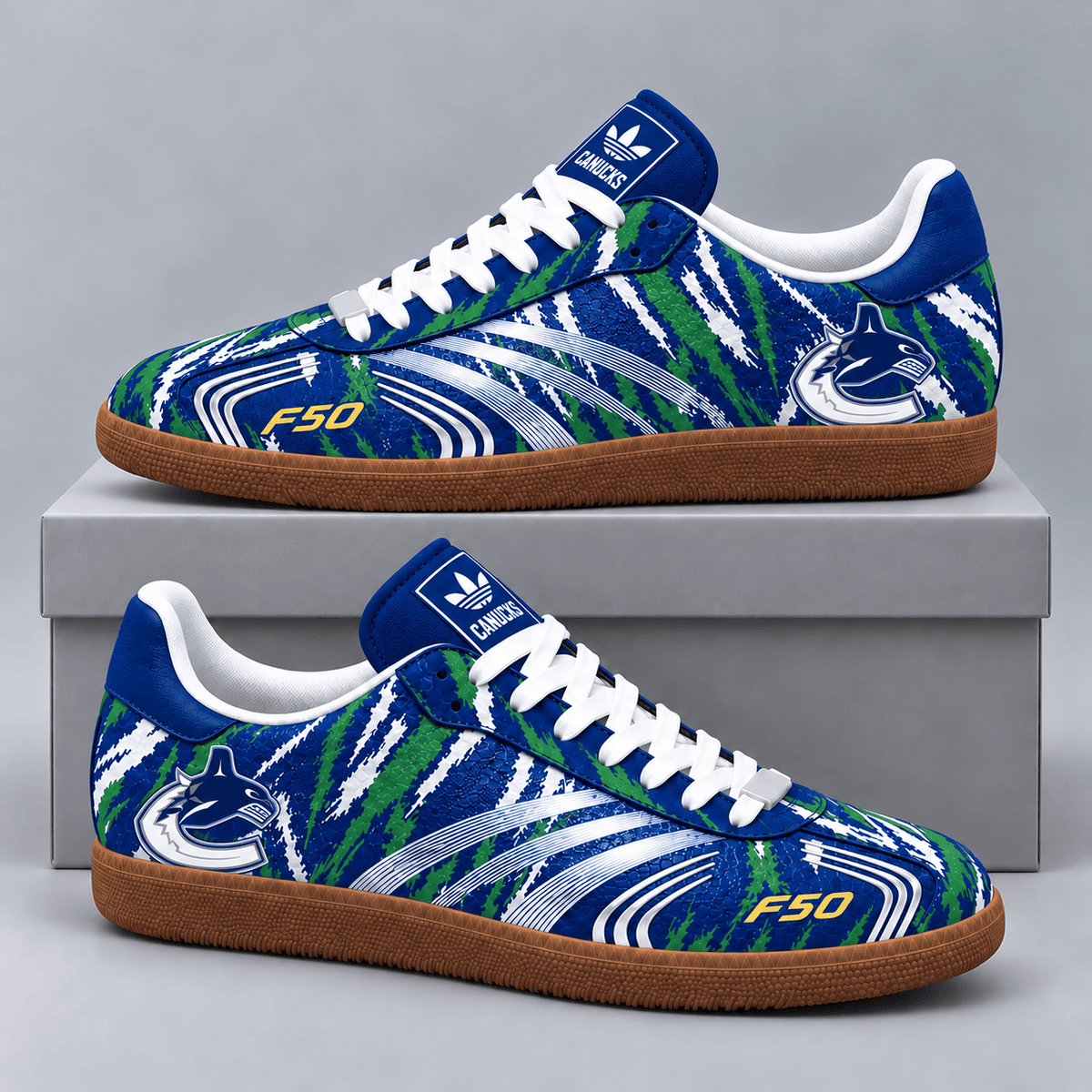 Vancouver Canucks | Premium NHL F50 Tiger Print Low Top Sneakers with Fierce Striped Design and Classic Gum Sole NDN cover