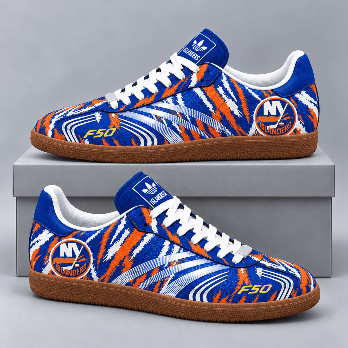New York Islanders | Premium NHL F50 Tiger Print Low Top Sneakers with Fierce Striped Design and Classic Gum Sole NDN cover