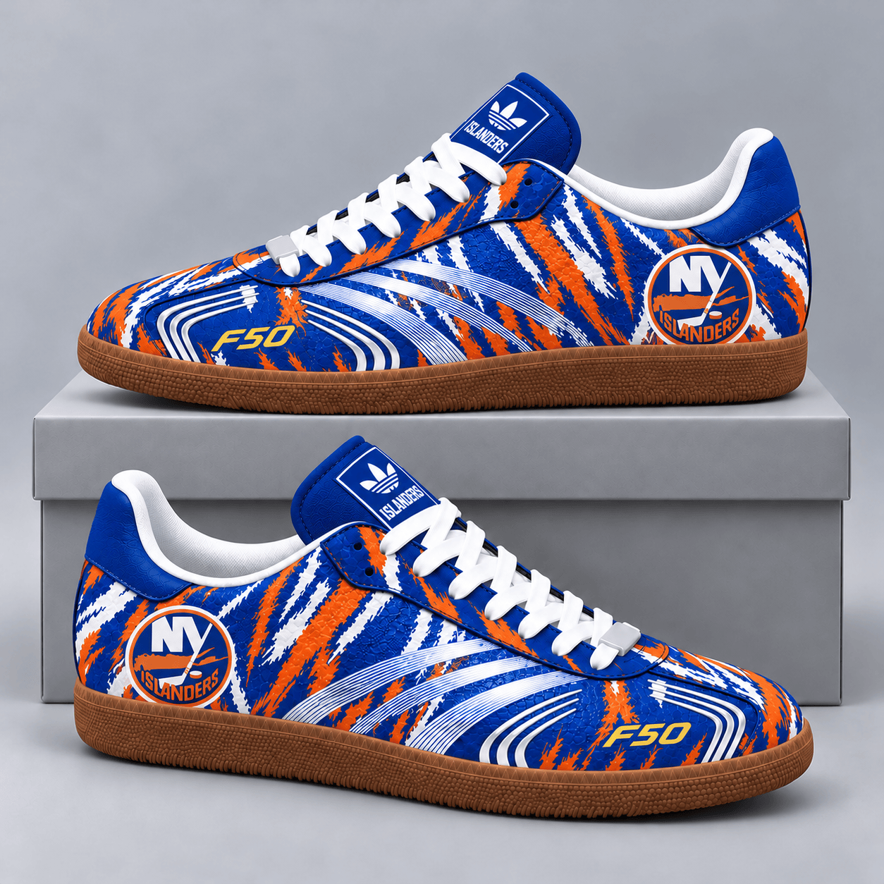 New York Islanders | Premium NHL F50 Tiger Print Low Top Sneakers with Fierce Striped Design and Classic Gum Sole NDN cover
