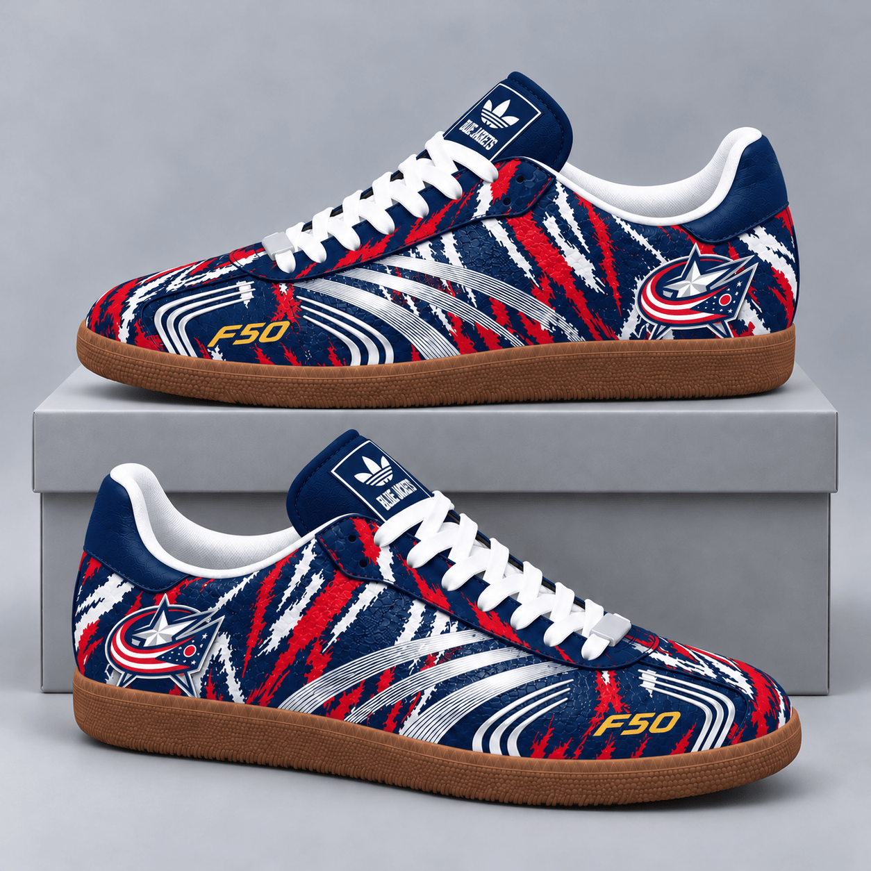 Columbus Blue Jackets | Premium NHL F50 Tiger Print Low Top Sneakers with Fierce Striped Design and Classic Gum Sole NDN cover