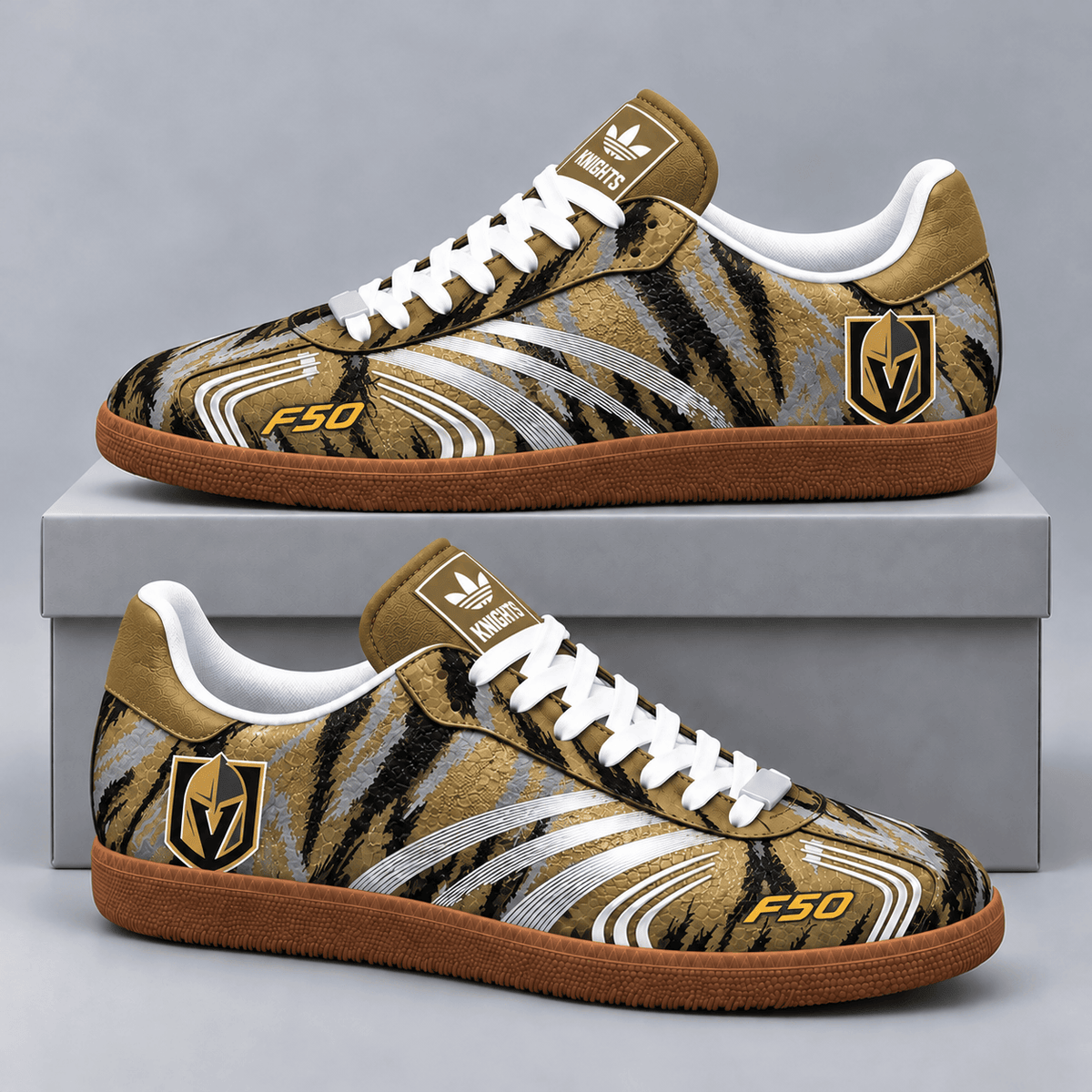Vegas Golden Knights | Premium NHL F50 Tiger Print Low Top Sneakers with Fierce Striped Design and Classic Gum Sole NDN cover
