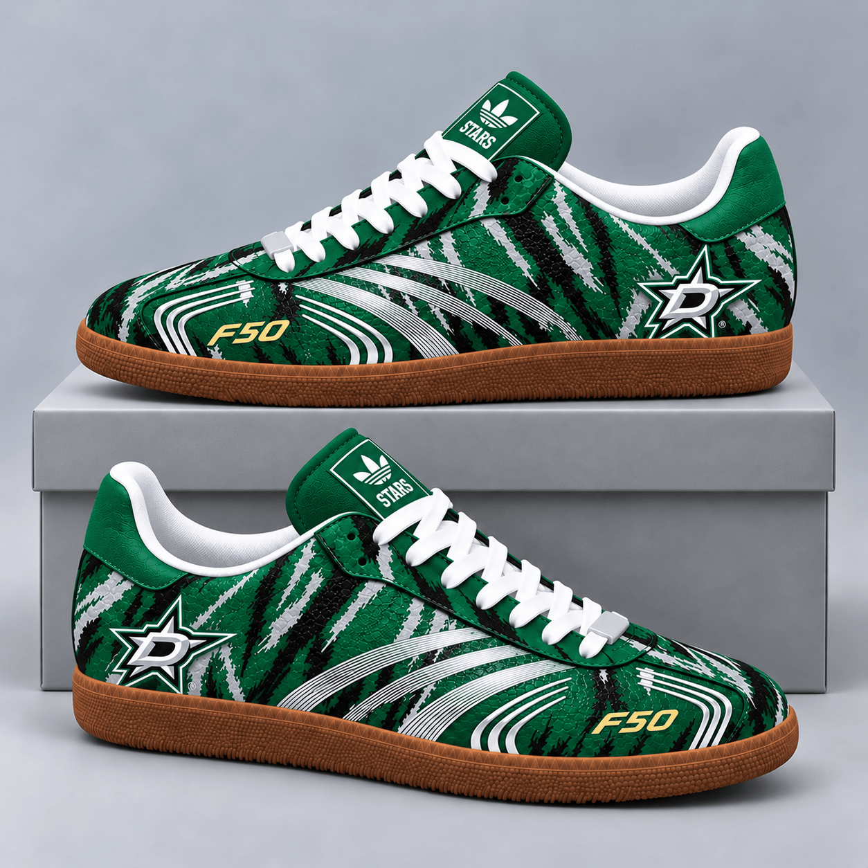 Dallas Stars | Premium NHL F50 Tiger Print Low Top Sneakers with Fierce Striped Design and Classic Gum Sole NDN cover