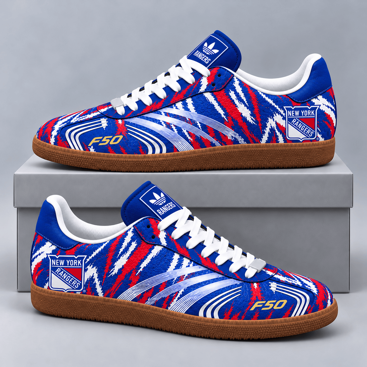 New York Rangers | Premium NHL F50 Tiger Print Low Top Sneakers with Fierce Striped Design and Classic Gum Sole NDN cover