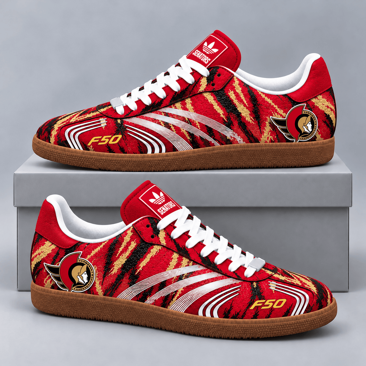 Ottawa Senators | Premium NHL F50 Tiger Print Low Top Sneakers with Fierce Striped Design and Classic Gum Sole NDN cover